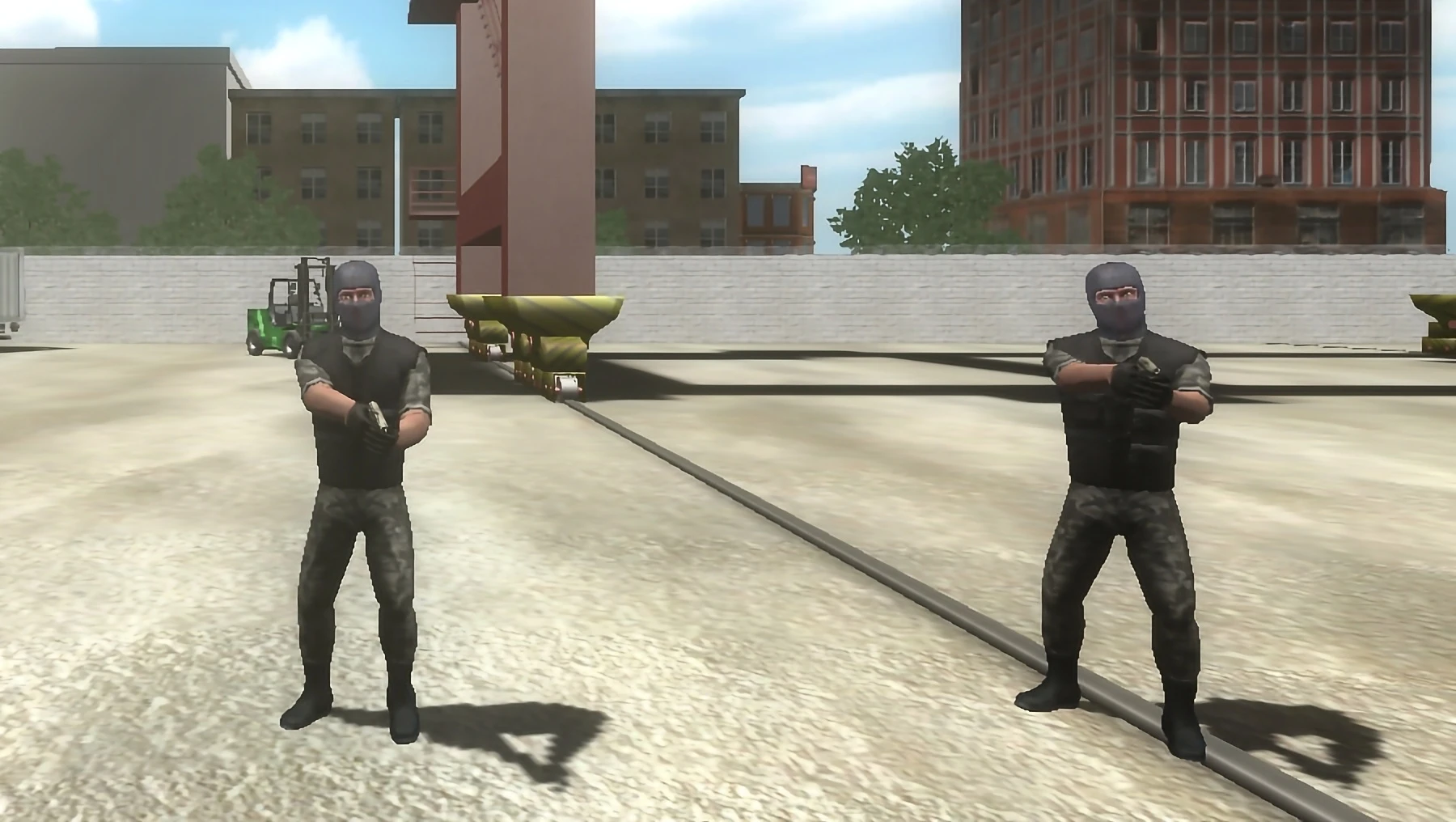 A frame from the laser shooting range game Anti-Terror. Two masked soldiers are depicted.