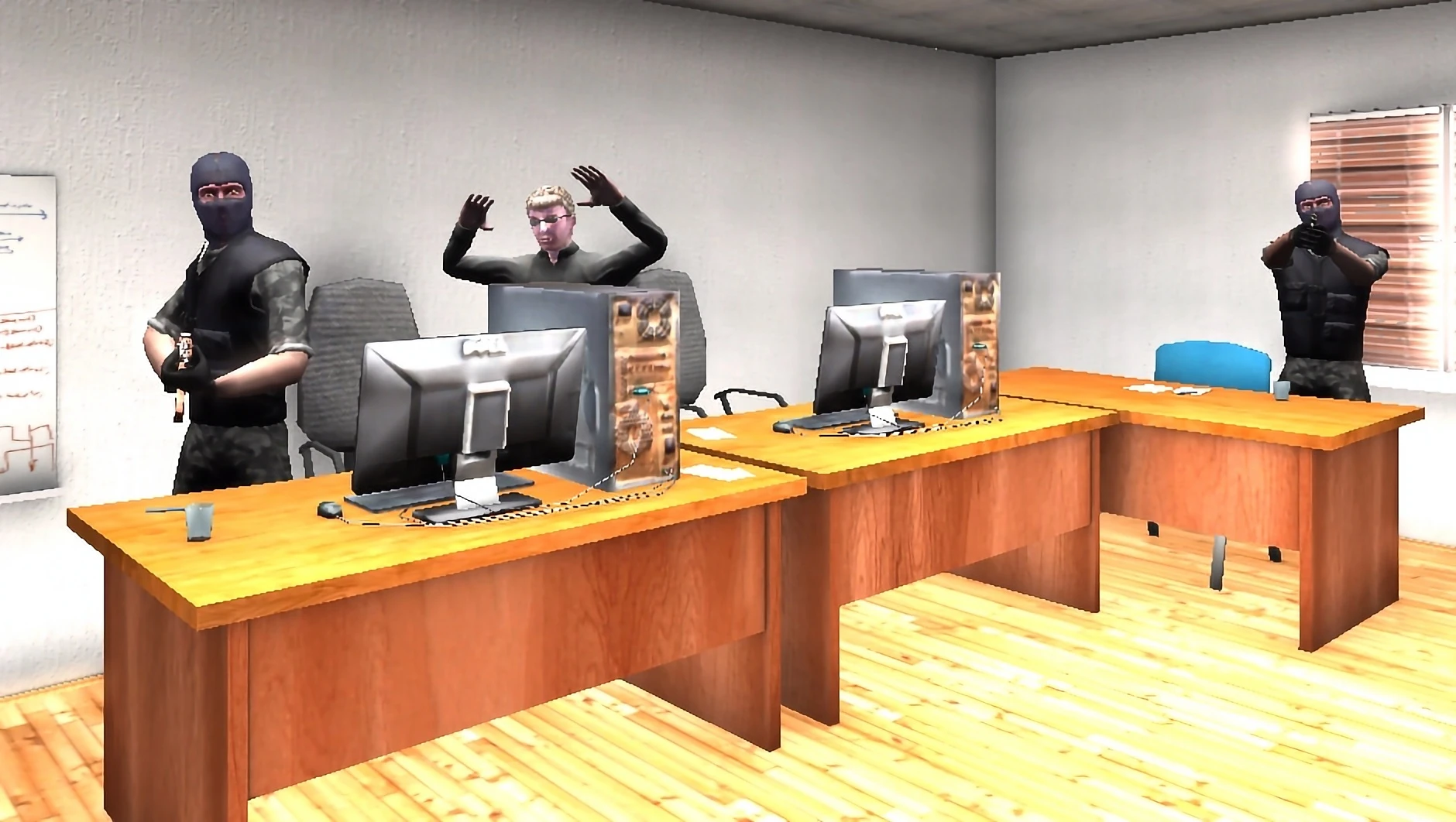 Screenshot from the Anti-Terror laser shooting range game. Two masked criminals are depicted. A person has their hands raised.