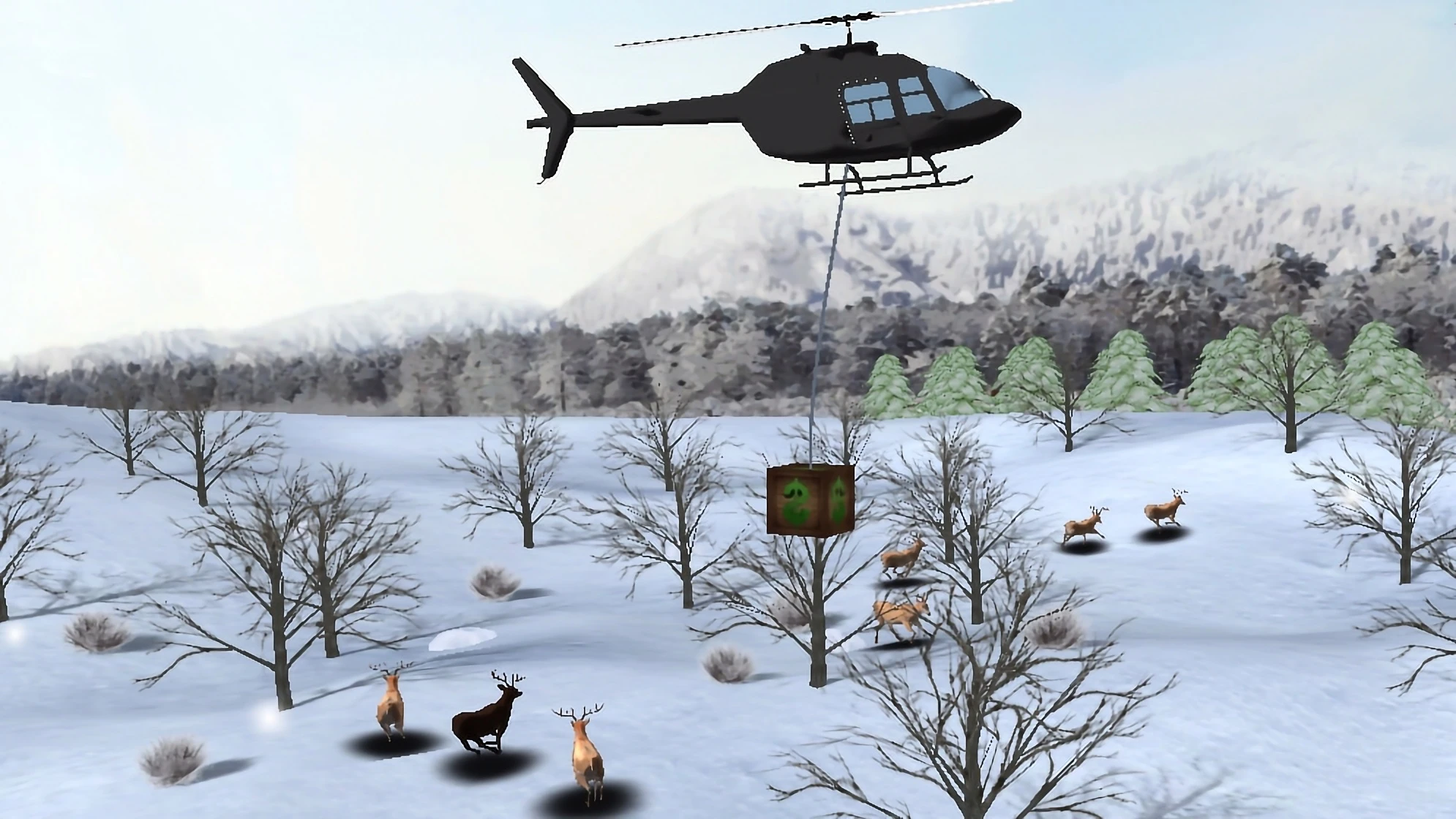 A frame from the laser shooting range game Deer Hunting. Depicted are deer in the snow and a flying helicopter.