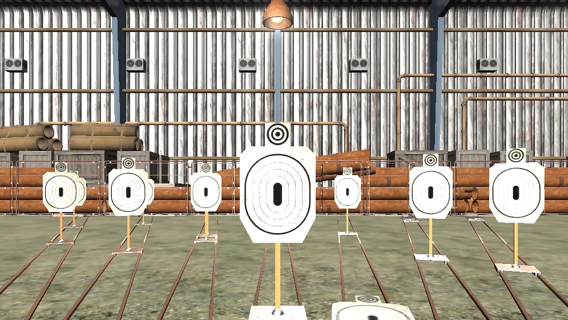 A frame from the laser shooting range game Targets. Depicted are several targets in a shooting range.