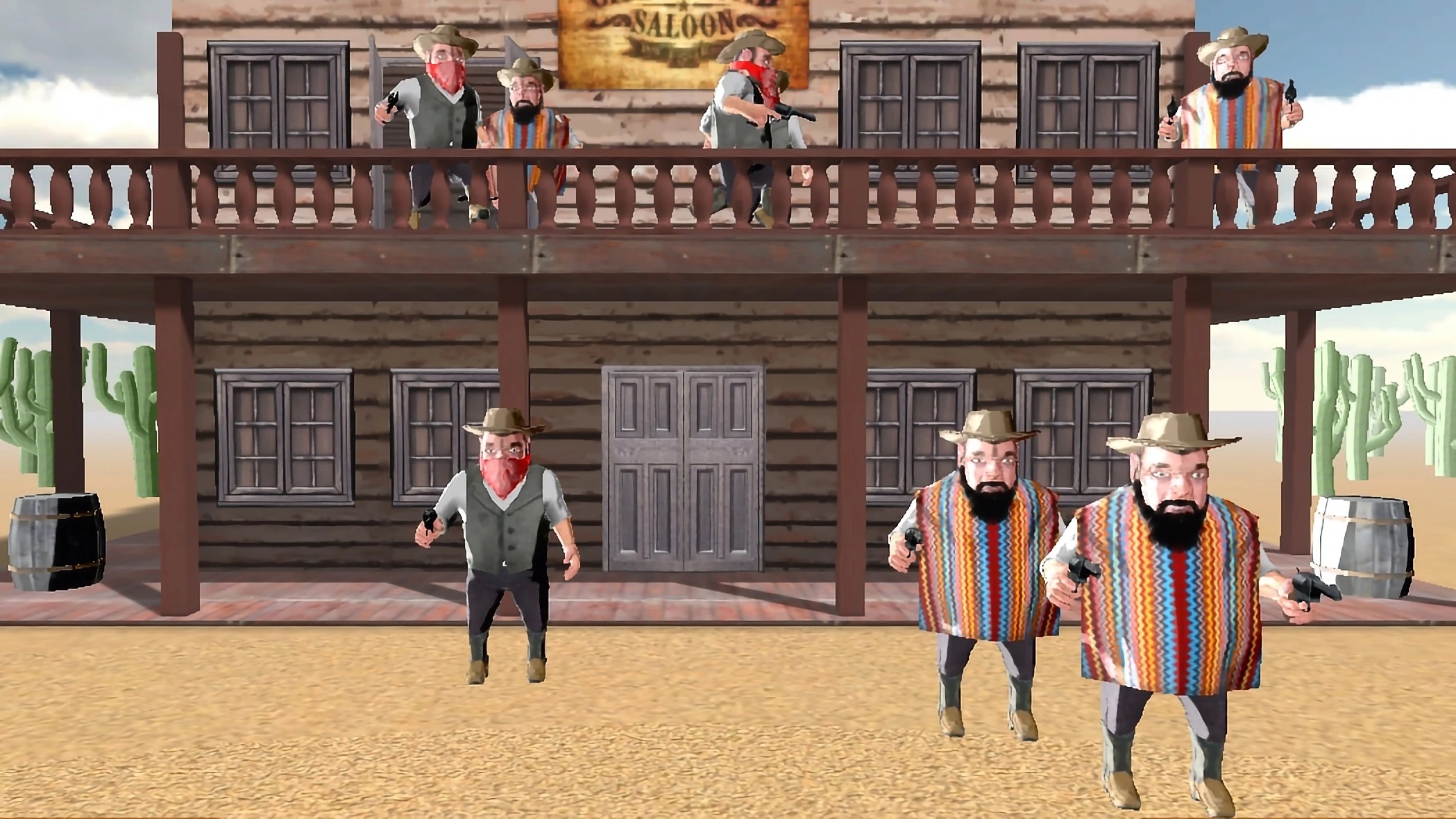 A frame from the laser shooting range game Cowboys. Cowboys in hats are shown near a wooden building.