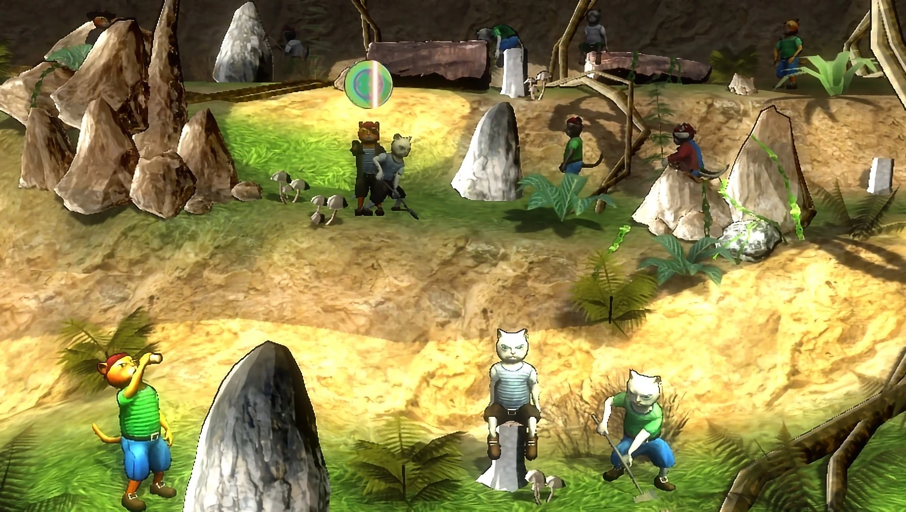 A frame from the Pirate Cats laser shooting range game. Depicted are cats on a meadow.