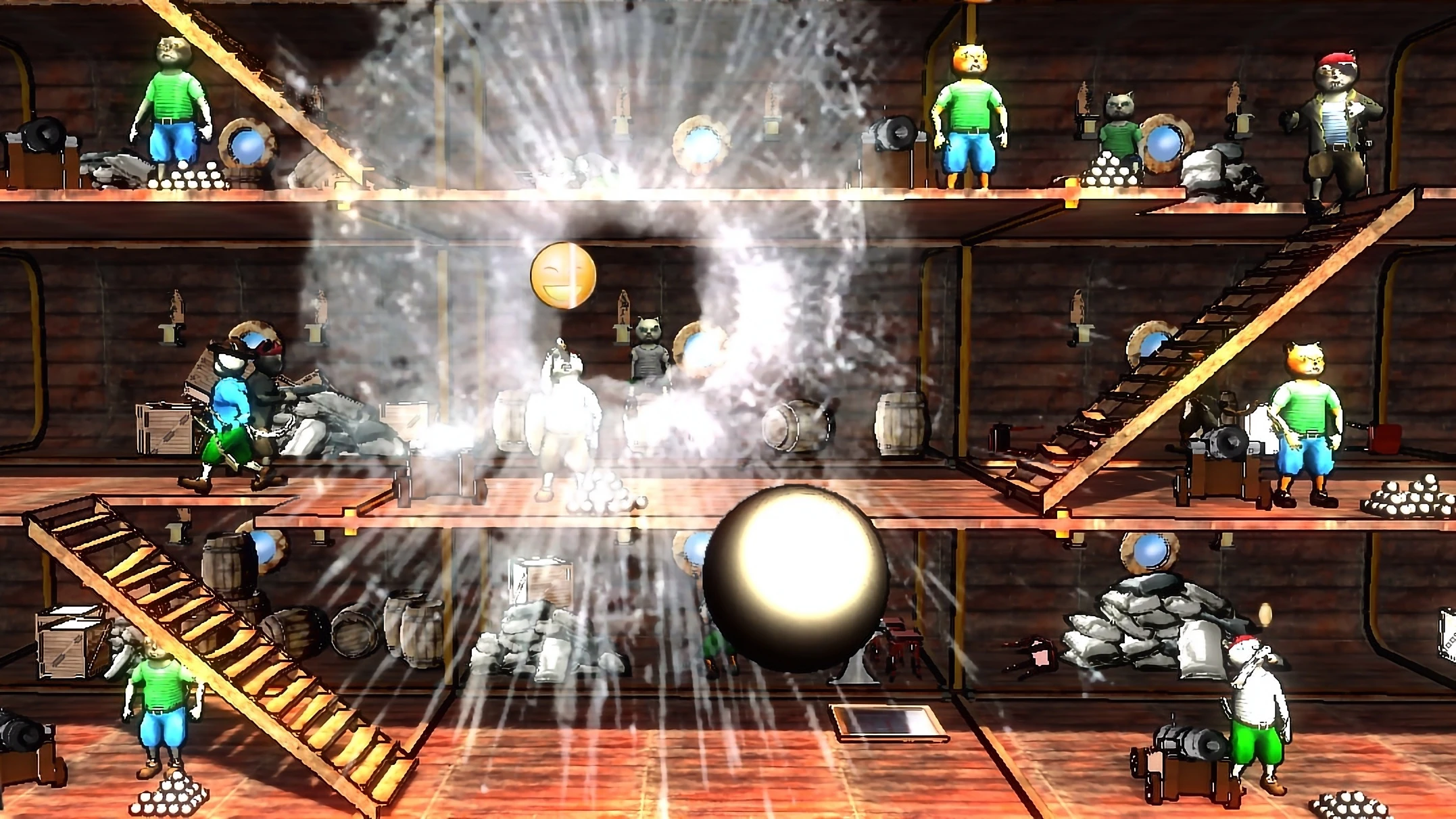 A frame from the Pirate Cats laser shooting range game. Several drawn cats and broken glass are shown.