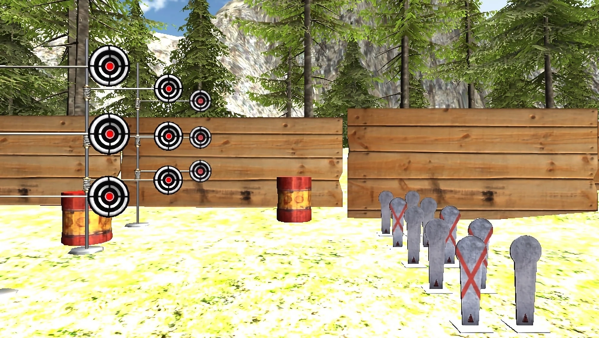 A frame from the Sports Tournament for laser shooting range game. Targets and a red barrel are shown against a wooden fence with a forest behind.