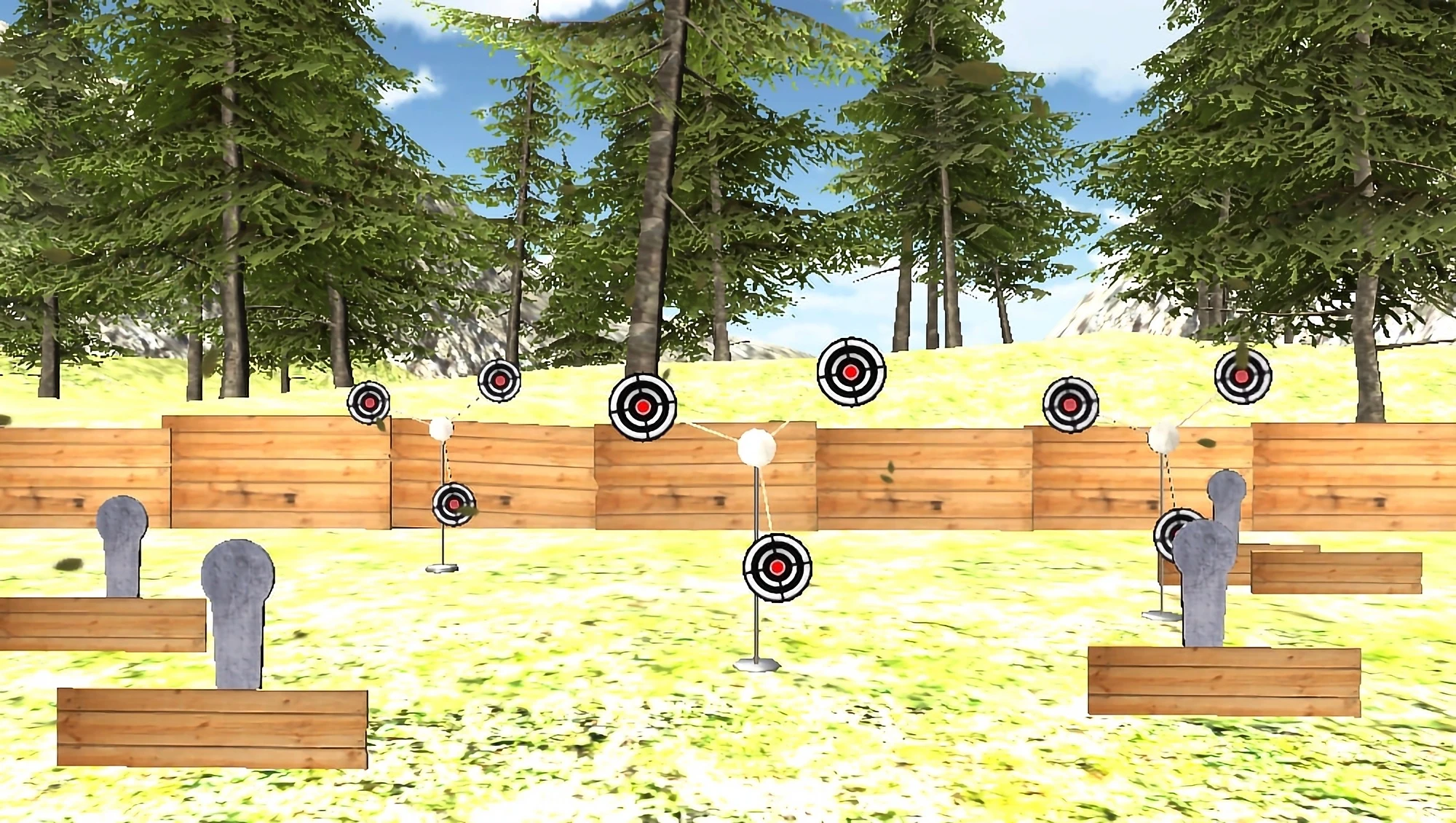 A frame from the Sports Tournament game for a laser shooting range. It shows targets near a wooden fence in a forest.