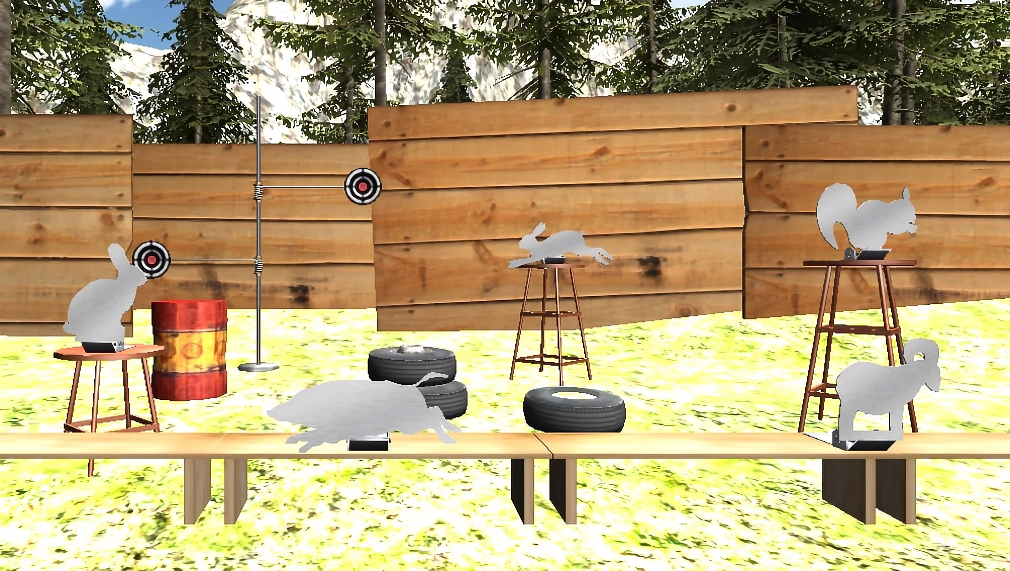 A frame from the laser shooting range game Tournament. Targets are shown near a wooden fence and fir trees.