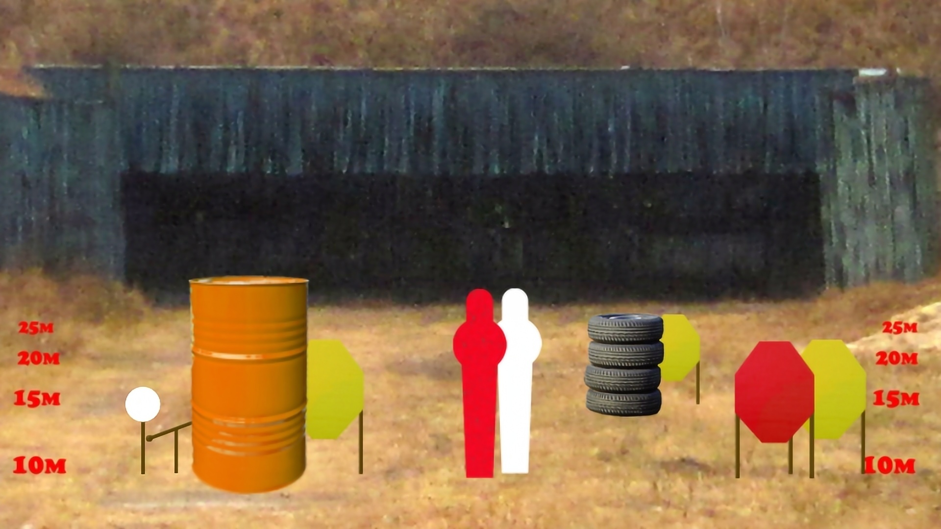 A frame from the Practical Shooting Simulator laser shooting range game. Targets, tires, and a barrel are shown on the shooting range.