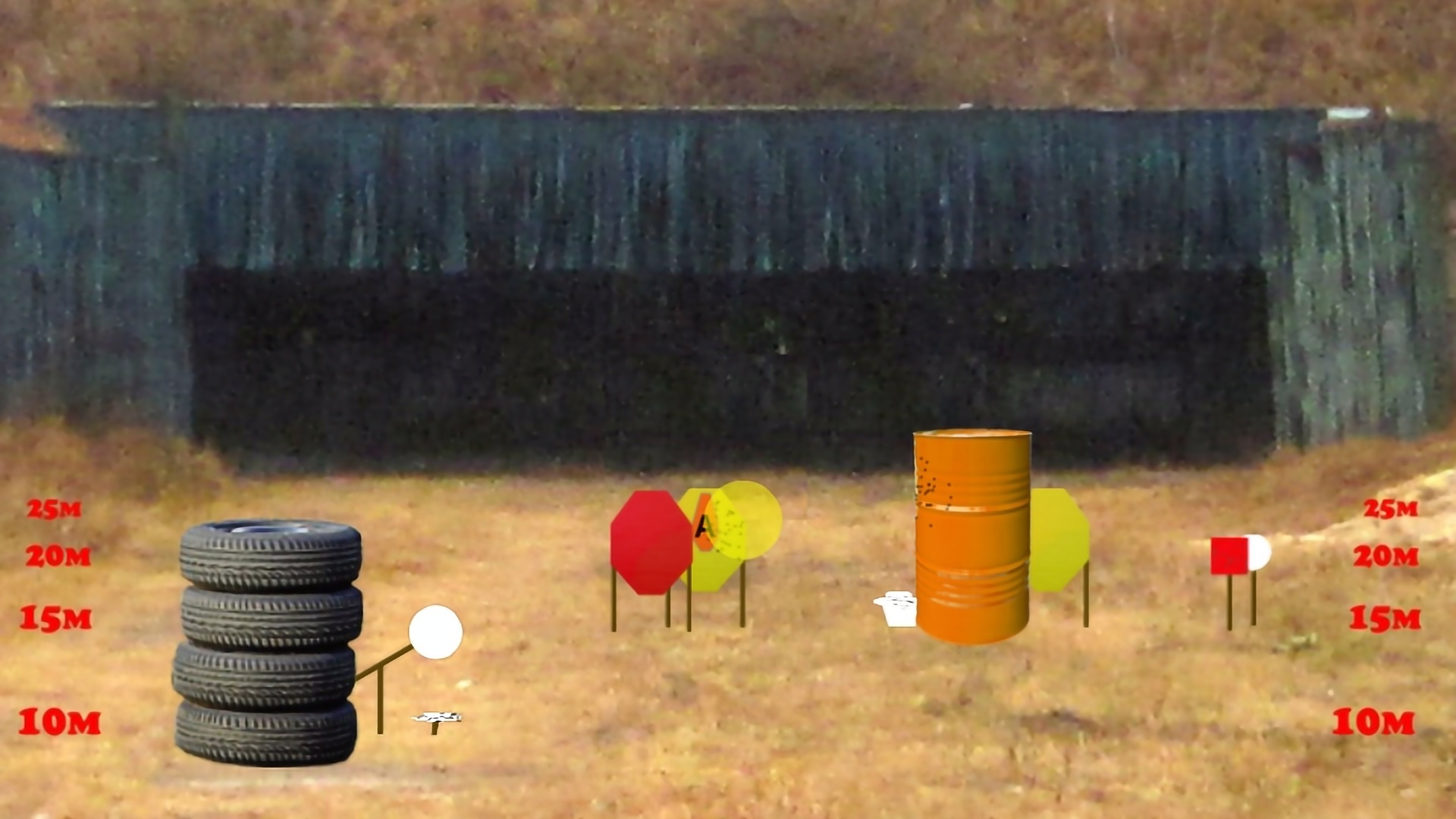 A frame from the game for a laser shooting range Practical Shooting Trainer. It depicts targets, tires, and a barrel on the shooting range.