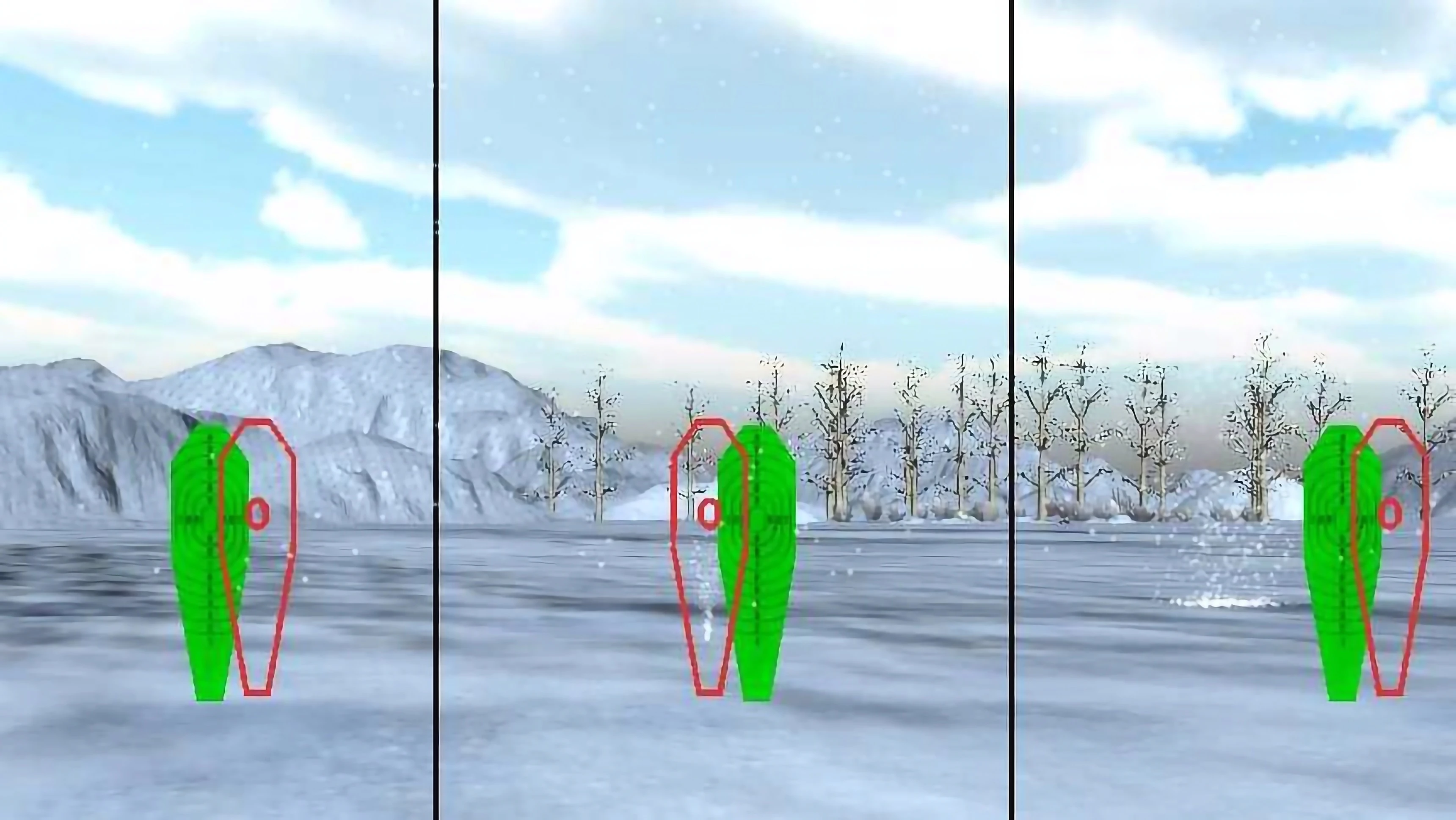 A frame from the VirtualTir laser shooting range game. 3 green targets are shown in winter in front of trees.